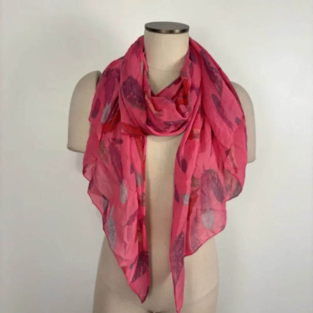 Moda Accessori Italy Pink Feather Print Scarf Cotton Silk Blend Lightweight